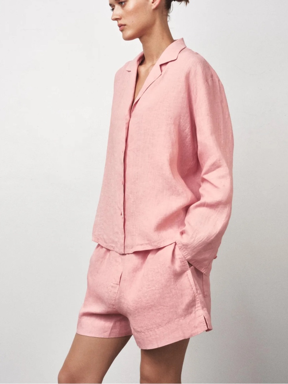Zara Pale Pink 100% Linen Button-Up Top and shorts set S
